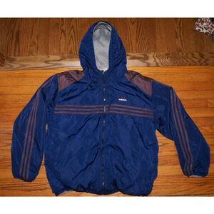 Vintage Y2K Adidas Men’s M Reversible Hooded Blue Puffer Jacket Maroon 3 Stripe